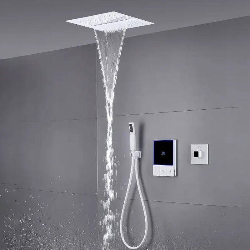 Smart Temperature Display 3 Function Thermostatic White Shower System Set with 16 Inch Large Bathroom Waterfall Rain Shower Head