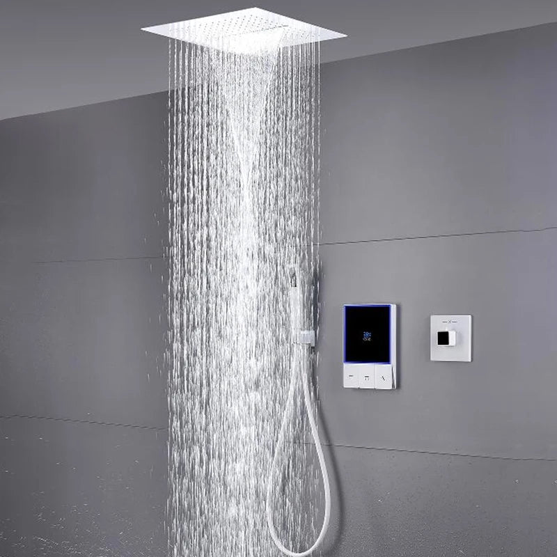 Smart Temperature Display 3 Function Thermostatic White Shower System Set with 16 Inch Large Bathroom Waterfall Rain Shower Head