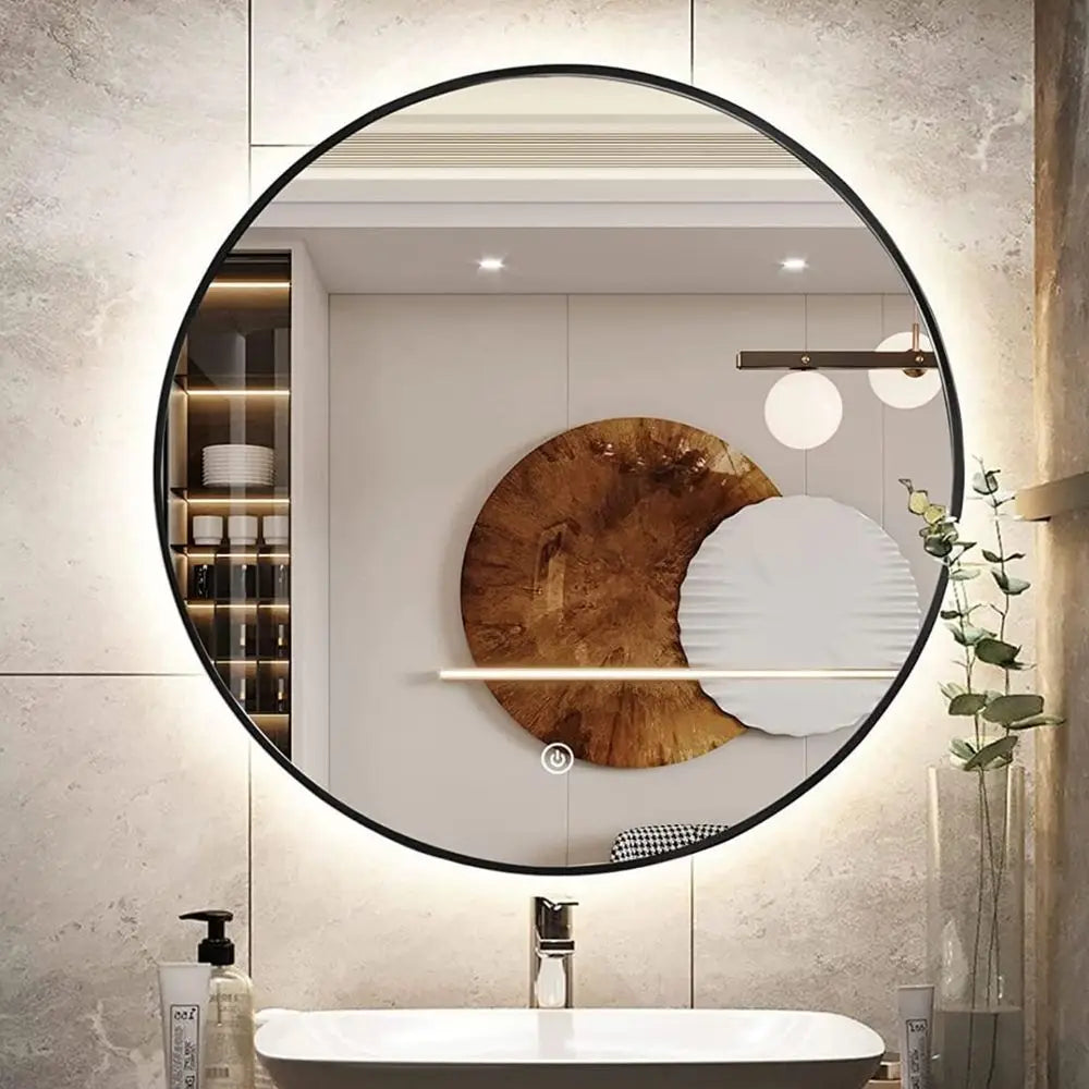 32" LED Backlit Bathroom Vanity Mirror, Wall Mounted Round Makeup Shaving Mirror with 45° Beveled Metal e Design, HD Waterproo&E