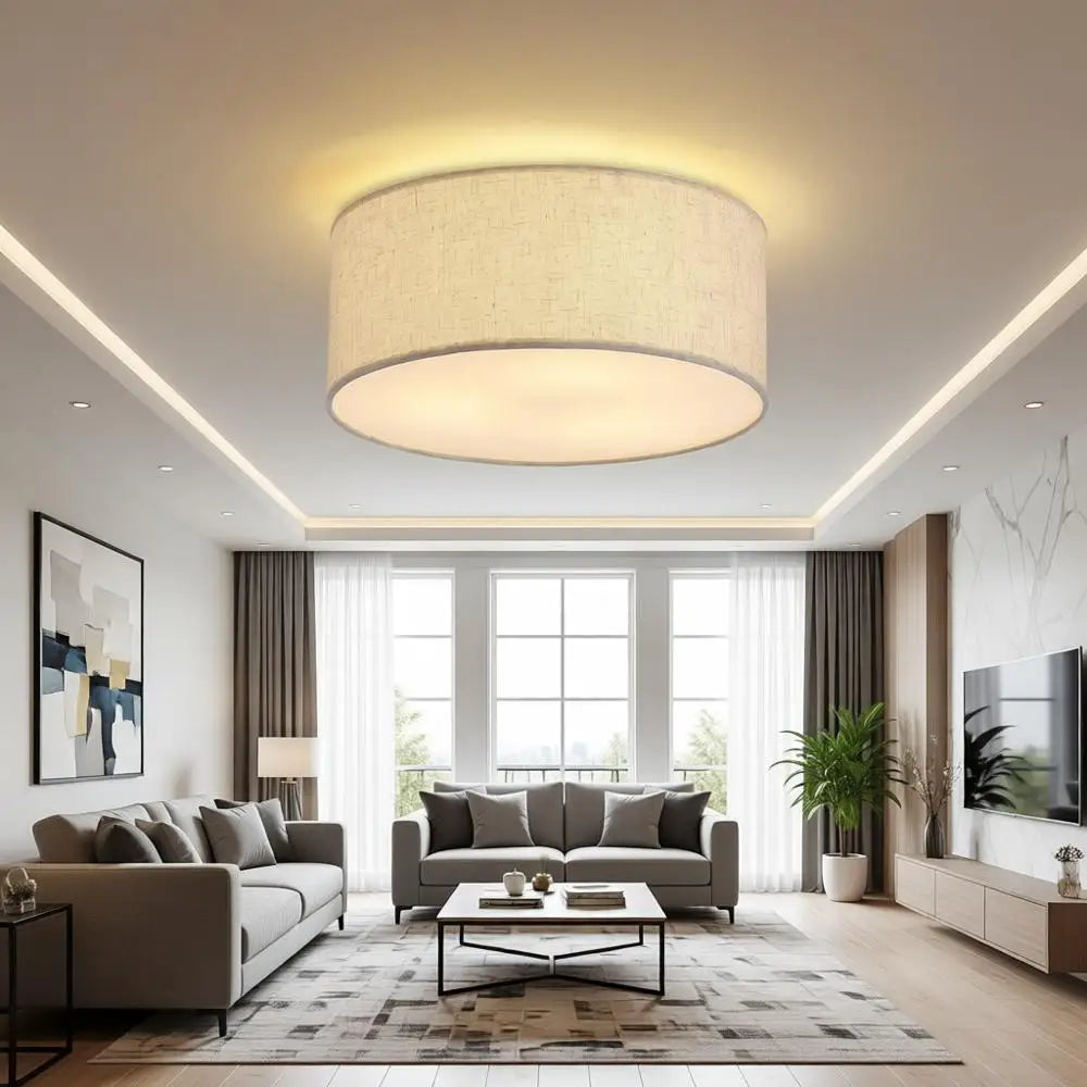 12.6 Linen Fabric Drum Shade 3-Light Semi Flush Mount Ceiling Light Fixture for Kitchen, Bedroom, Bathroom, Living Room, Hallway