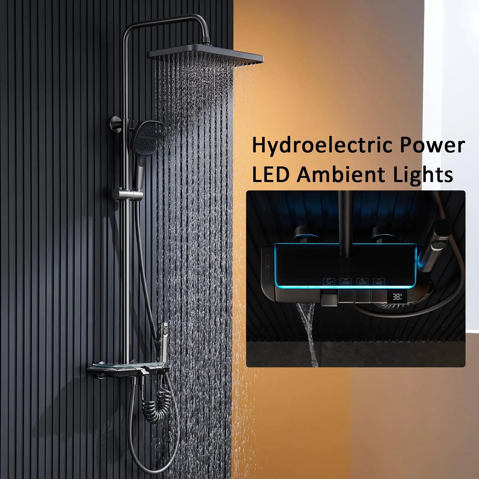 Smart LED Digital Display Temperature Rainfall Bathroom Shower System Gun Grey Brass Wall-Mounted  Thermostatic Shower Set