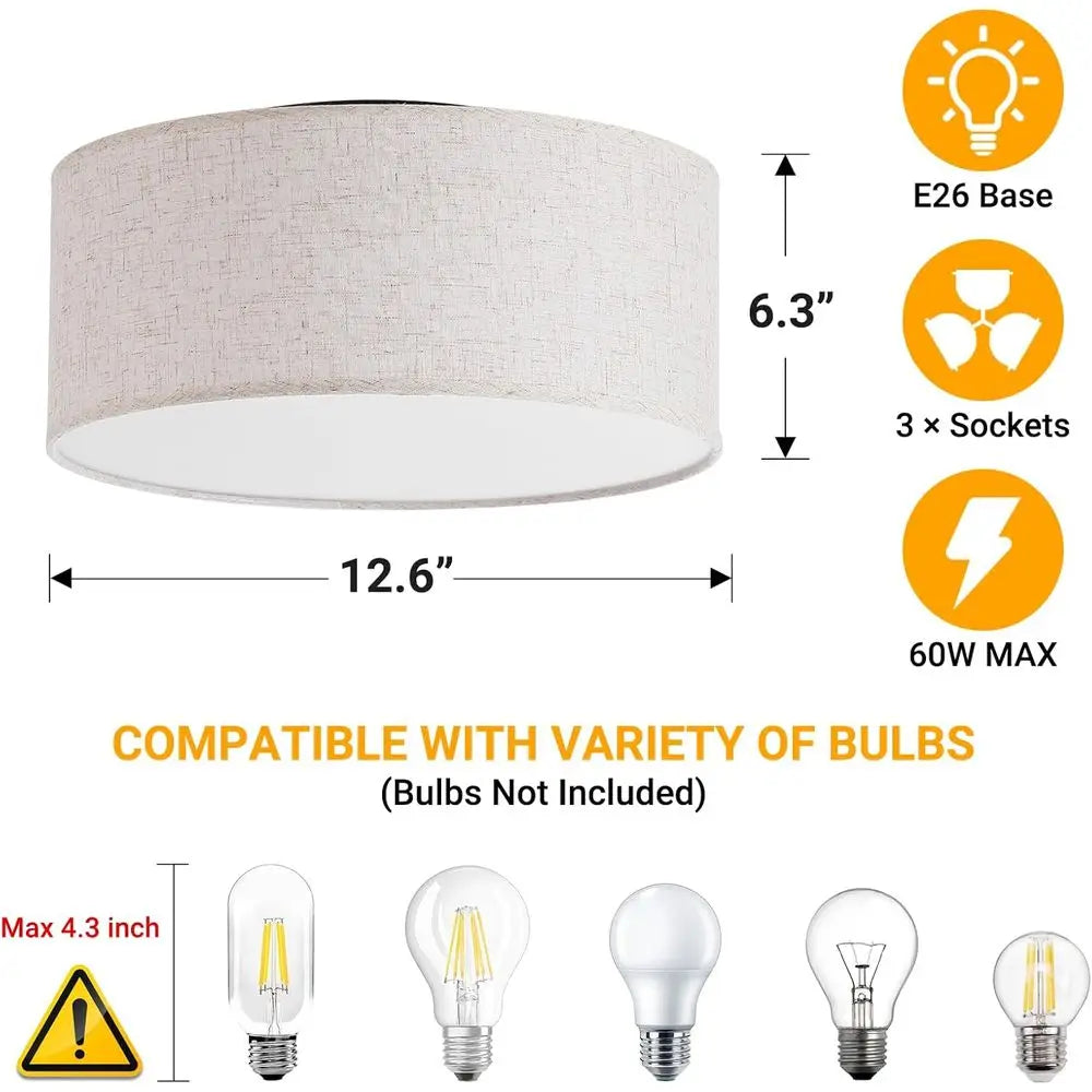 12.6 Linen Fabric Drum Shade 3-Light Semi Flush Mount Ceiling Light Fixture for Kitchen, Bedroom, Bathroom, Living Room, Hallway
