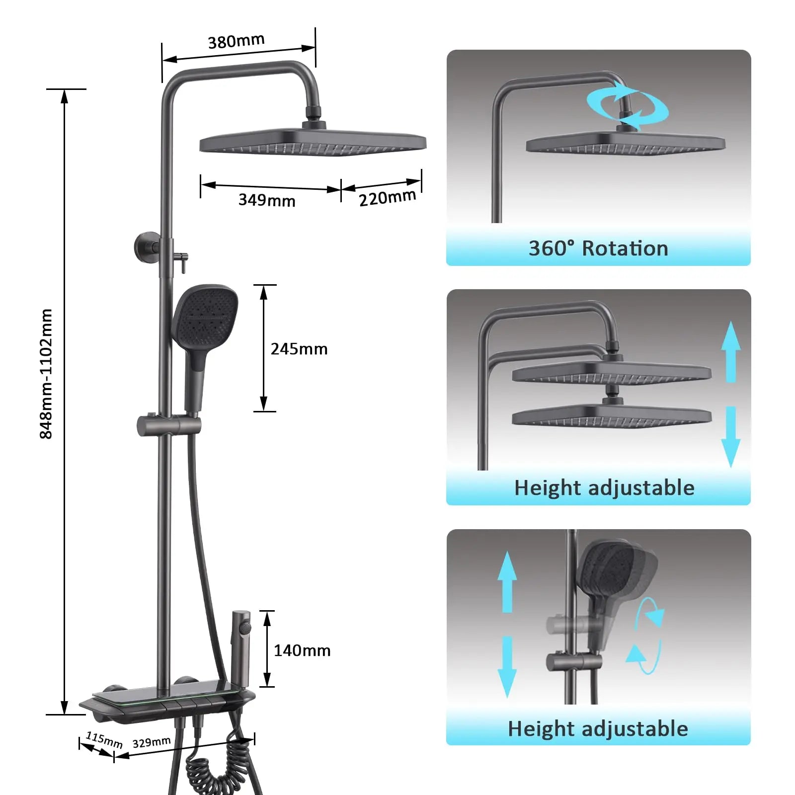 Smart LED Digital Display Temperature Rainfall Bathroom Shower System Gun Grey Brass Wall-Mounted  Thermostatic Shower Set