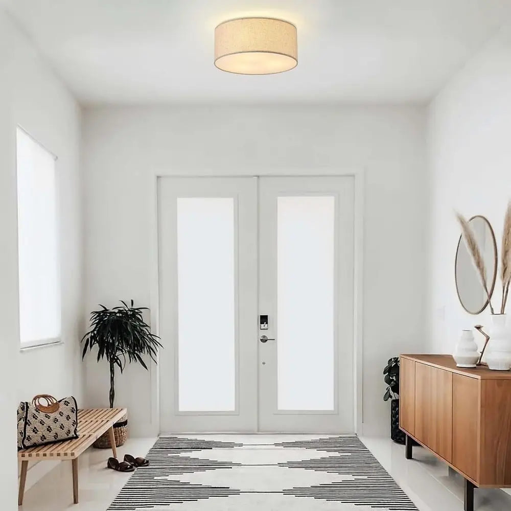 12.6 Linen Fabric Drum Shade 3-Light Semi Flush Mount Ceiling Light Fixture for Kitchen, Bedroom, Bathroom, Living Room, Hallway