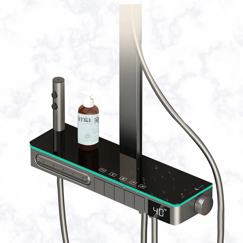 Bathroom Multi-Function Digital Display Shower System Brass Piano Key Exposed Thermostatic Faucets Soft & Rain Spray Patterns