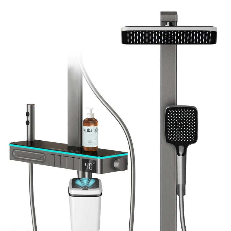 Bathroom Multi-Function Digital Display Shower System Brass Piano Key Exposed Thermostatic Faucets Soft & Rain Spray Patterns