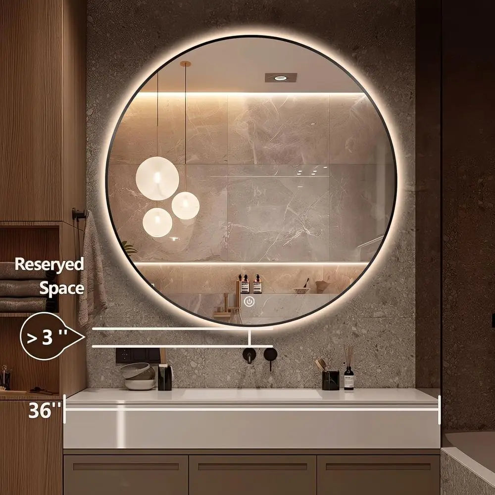 32" LED Backlit Bathroom Vanity Mirror, Wall Mounted Round Makeup Shaving Mirror with 45° Beveled Metal e Design, HD Waterproo&E