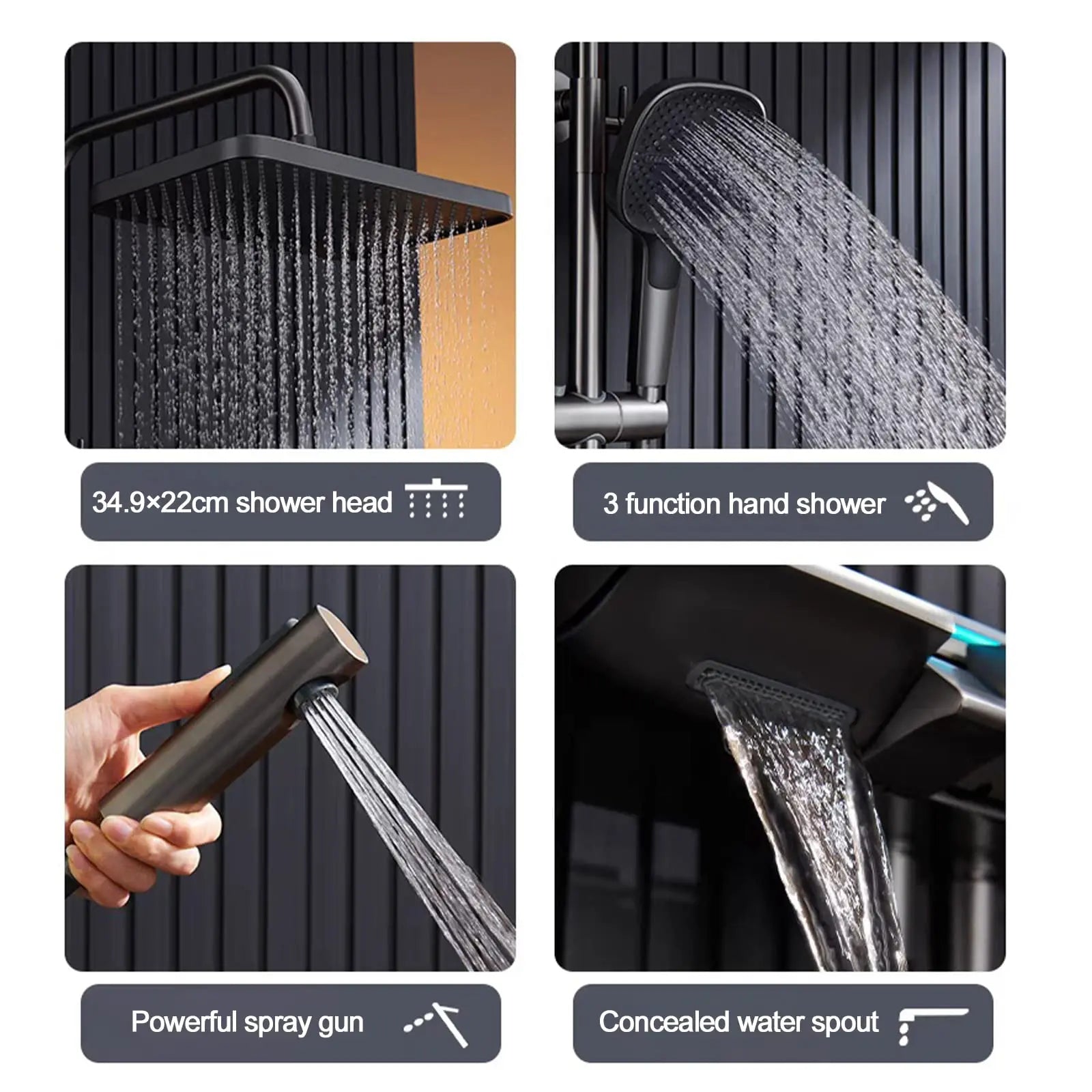 Smart LED Digital Display Temperature Rainfall Bathroom Shower System Gun Grey Brass Wall-Mounted  Thermostatic Shower Set