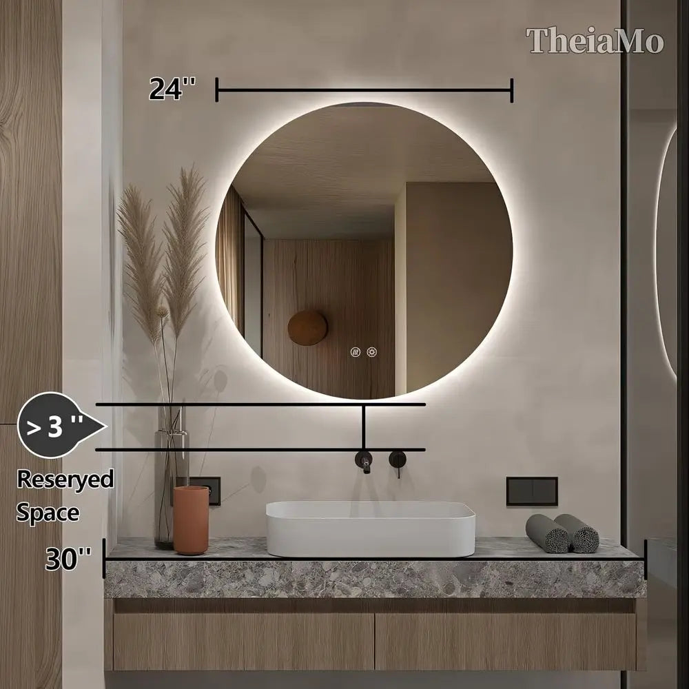 Round LED Mirror or Bathroom, 24" CircllBacklit Mirror with Lights, Wall Mounted Vanity Mirror, 3 Col, Dimmable, Anti-og, IP65 W
