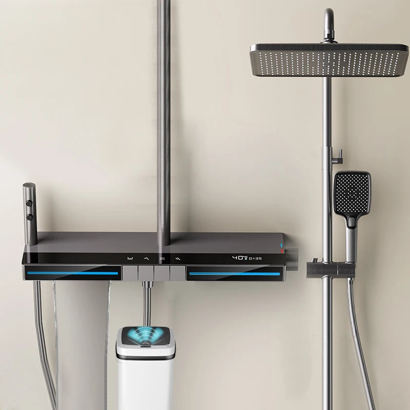 Bathroom Multi-Function Digital Display Shower System Brass Piano Key Exposed Thermostatic Faucets Soft & Rain Spray Patterns