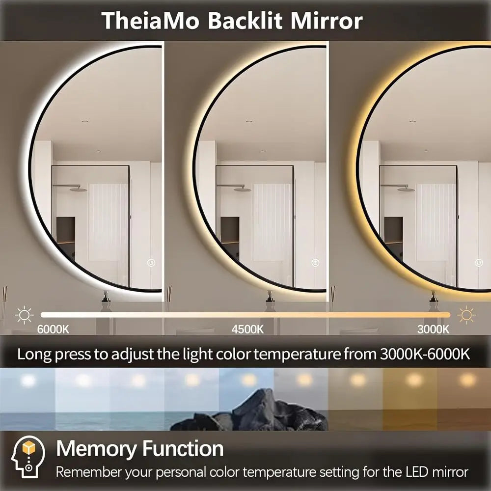 32" LED Backlit Bathroom Vanity Mirror, Wall Mounted Round Makeup Shaving Mirror with 45° Beveled Metal e Design, HD Waterproo&E