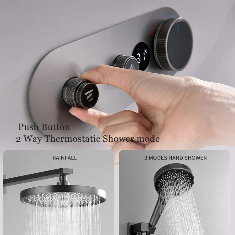 GAONUO Contemporary Rose Gold Smart Digital Display Concealed Round Shower Head Hot Cold Water Bathroom Shower Set System