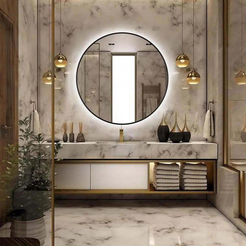 32" LED Backlit Bathroom Vanity Mirror, Wall Mounted Round Makeup Shaving Mirror with 45° Beveled Metal e Design, HD Waterproo&E